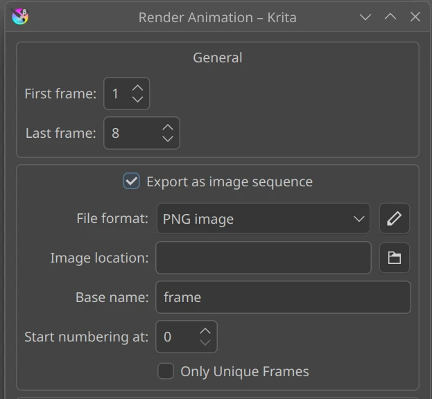 A screenshot of Krita's Render Animation menu'